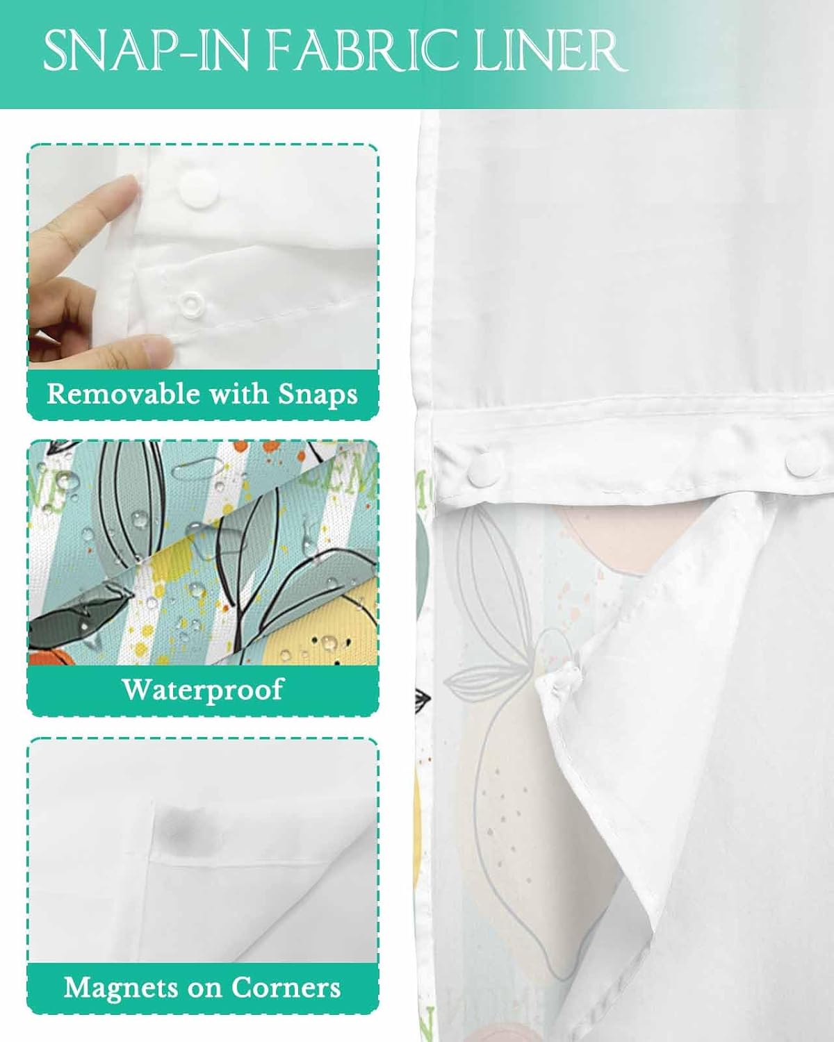 No Hook Shower Curtain with Snap in Liner Set