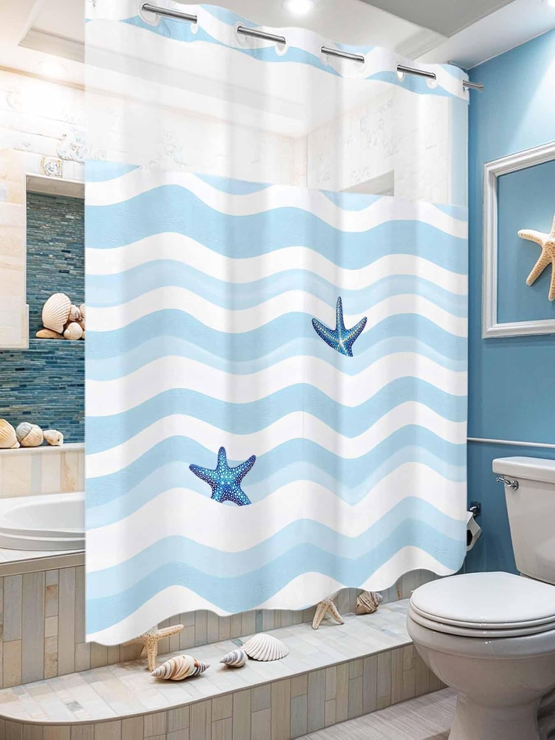 No Hooks Nautical Blue Shower Curtain Set