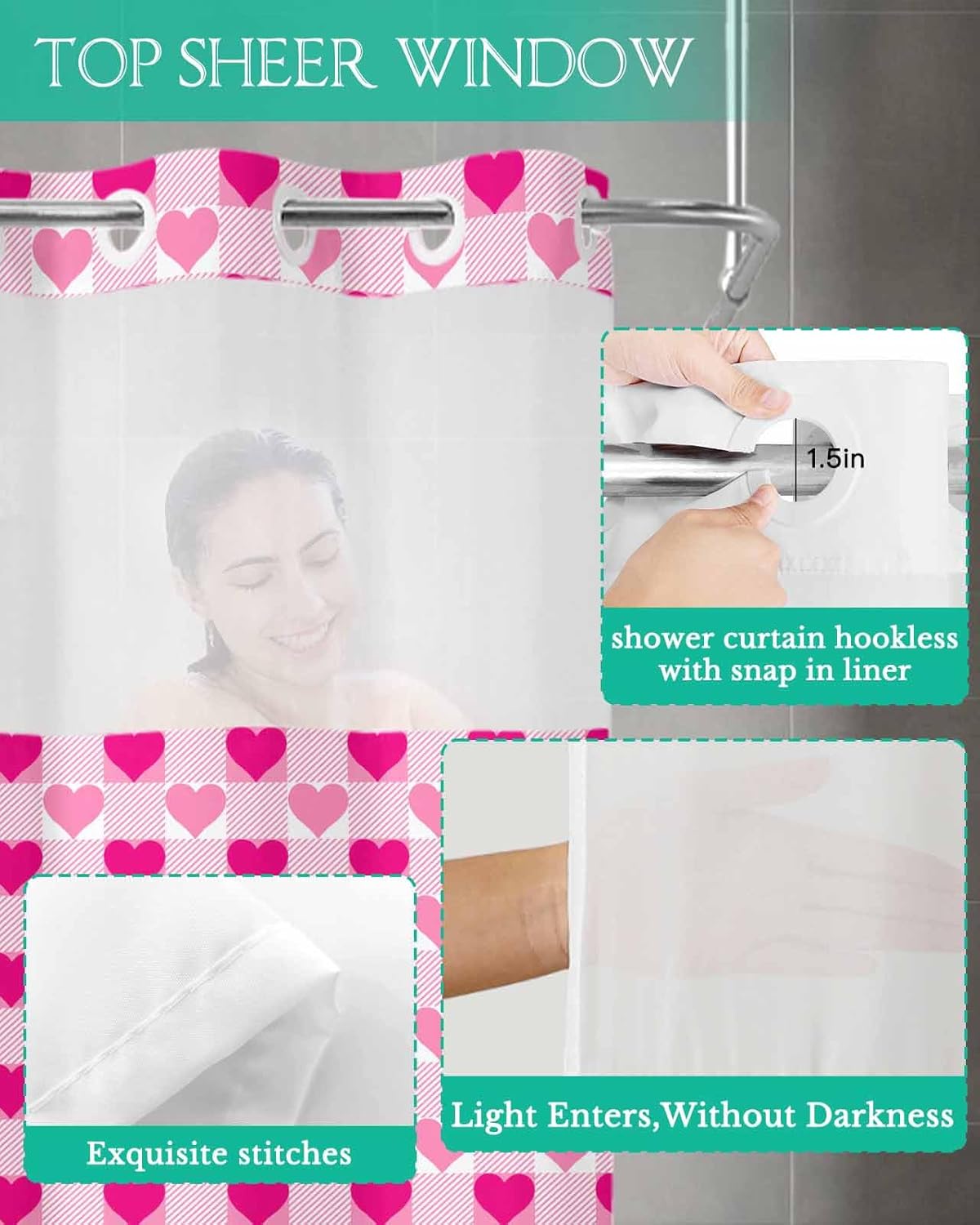 Instant no hook shower curtain set quick dry waterproof with heart design