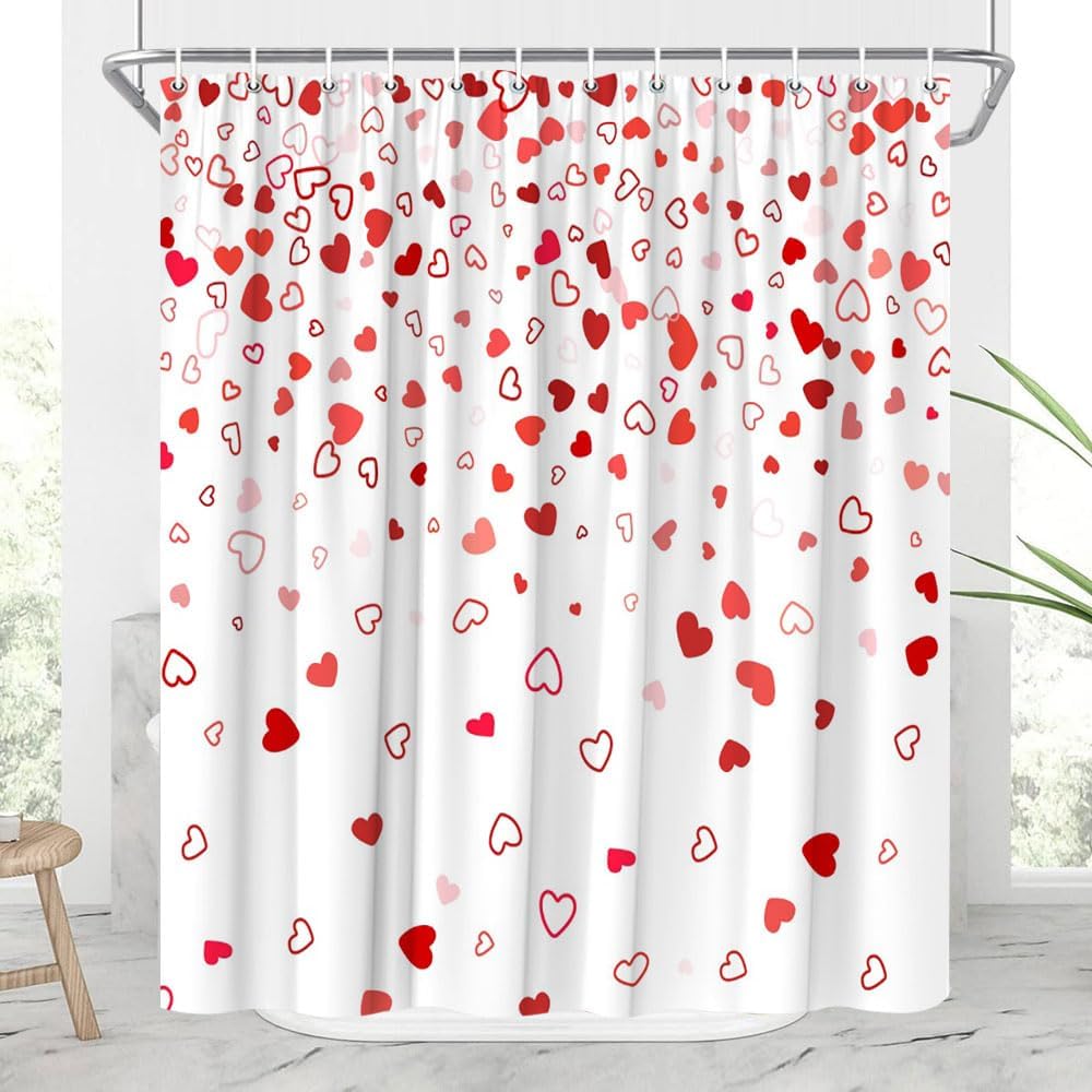 JONSEQIN Valentines Day Shower Curtain Red Heart 70x70 Inch with Hooks