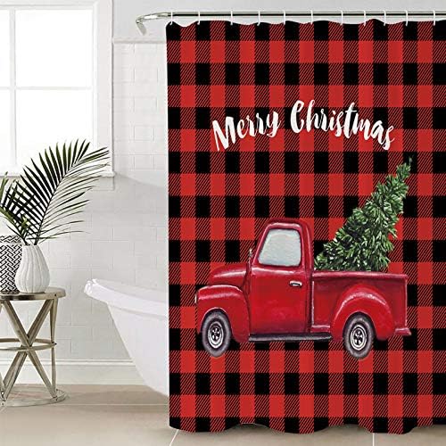 Stunning Christmas Shower Curtain Modern Red Lattice with Heart Tree Waterproof 60x72-Inch