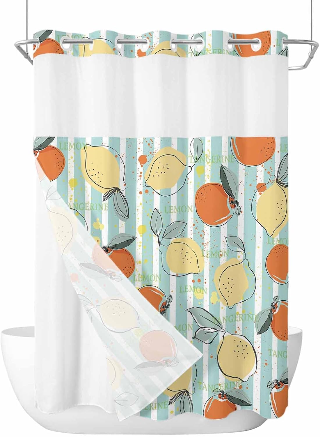 No Hook Summer Lemon Teal Orange Shower Curtain Set Waterproof Swap-in Design