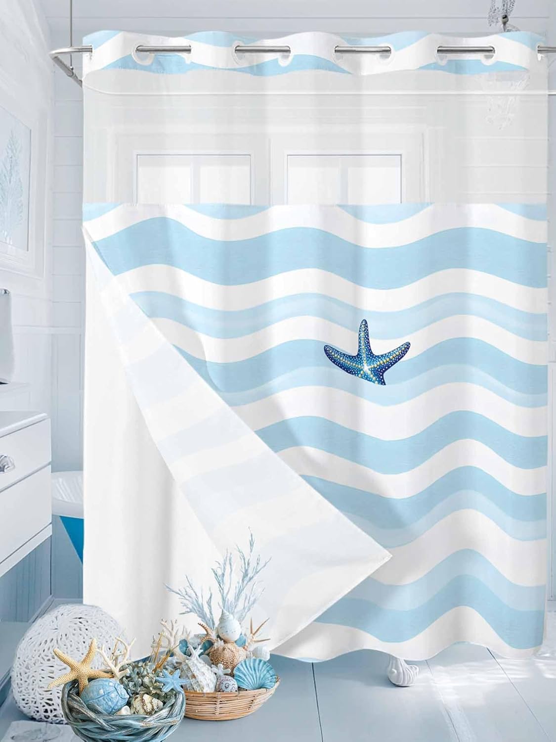 No Hooks Nautical Blue Shower Curtain Set