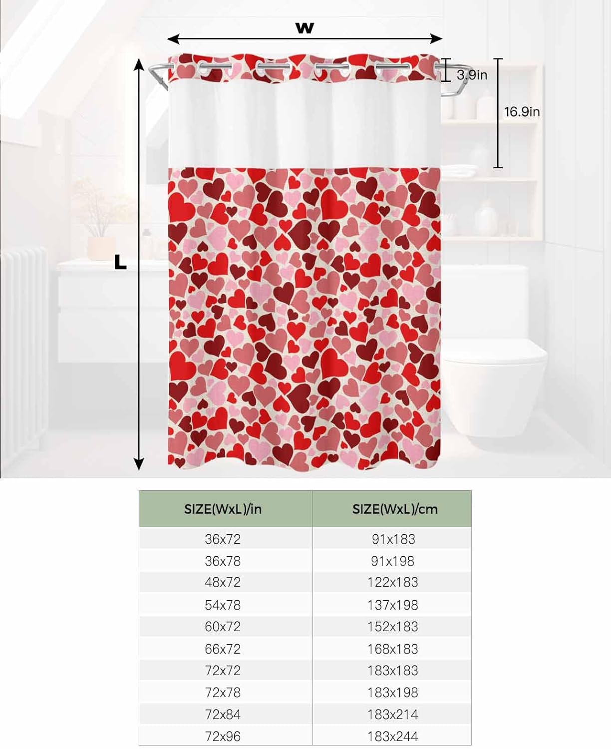 Valentines Red Pink Heart Shower Curtain Set