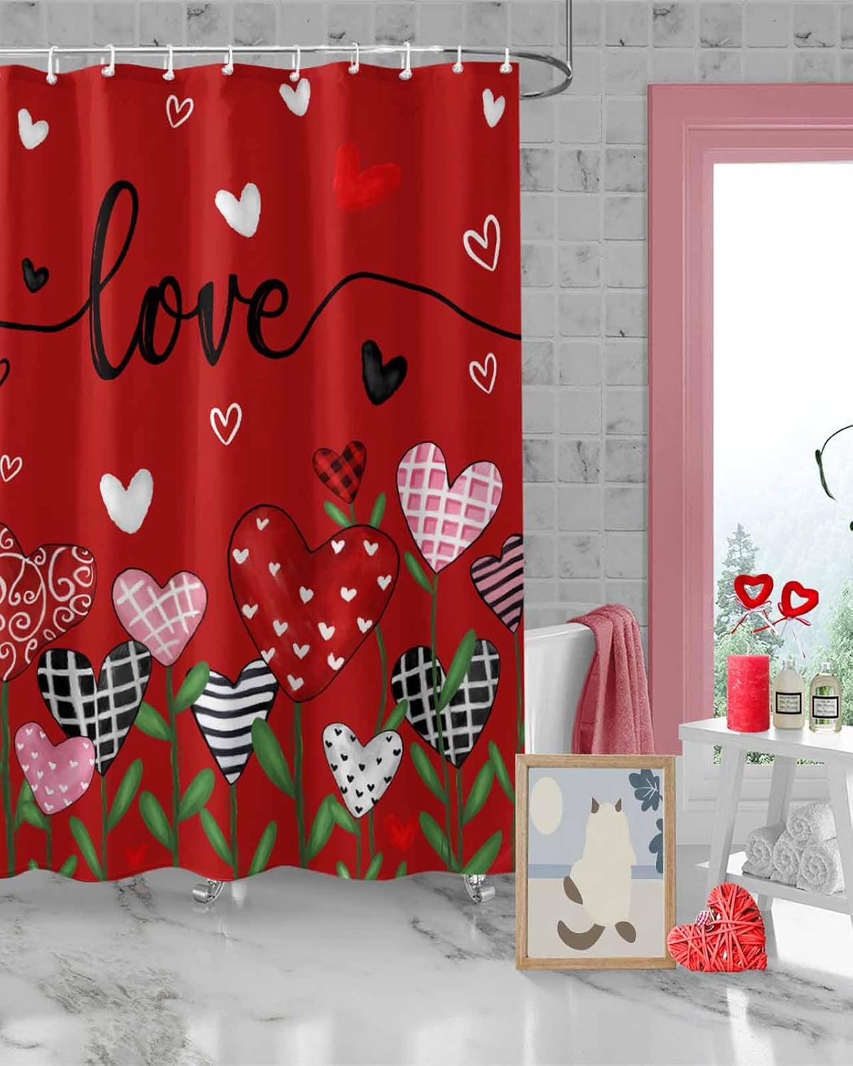 72x72 Red Flower Shower Curtain Set with 12 Hooks