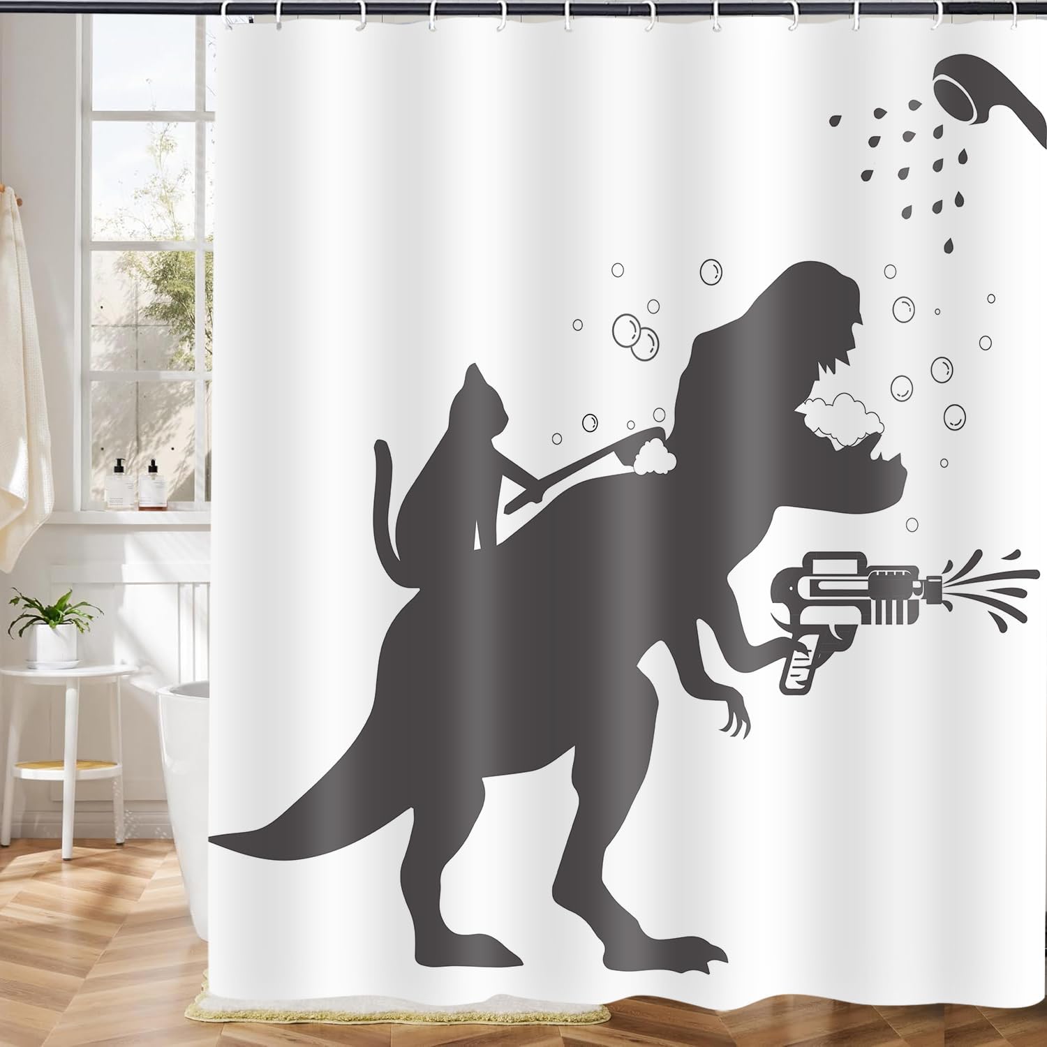 Funny Cat Dinosaur Shower curtain waterproof kids entertainment machine washable