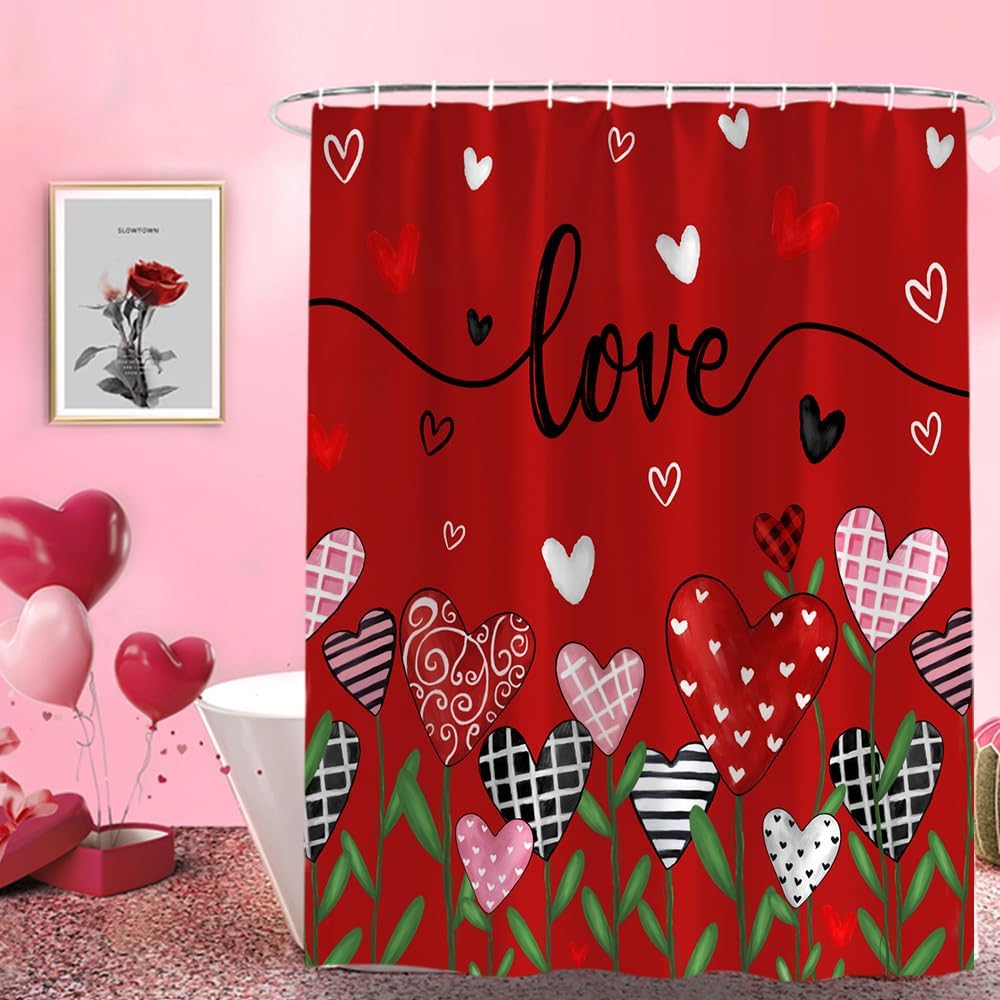 72x72 Red Flower Shower Curtain Set with 12 Hooks