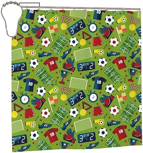 72x72 Inches Soccer Ball Green Shower Curtain with Hooks