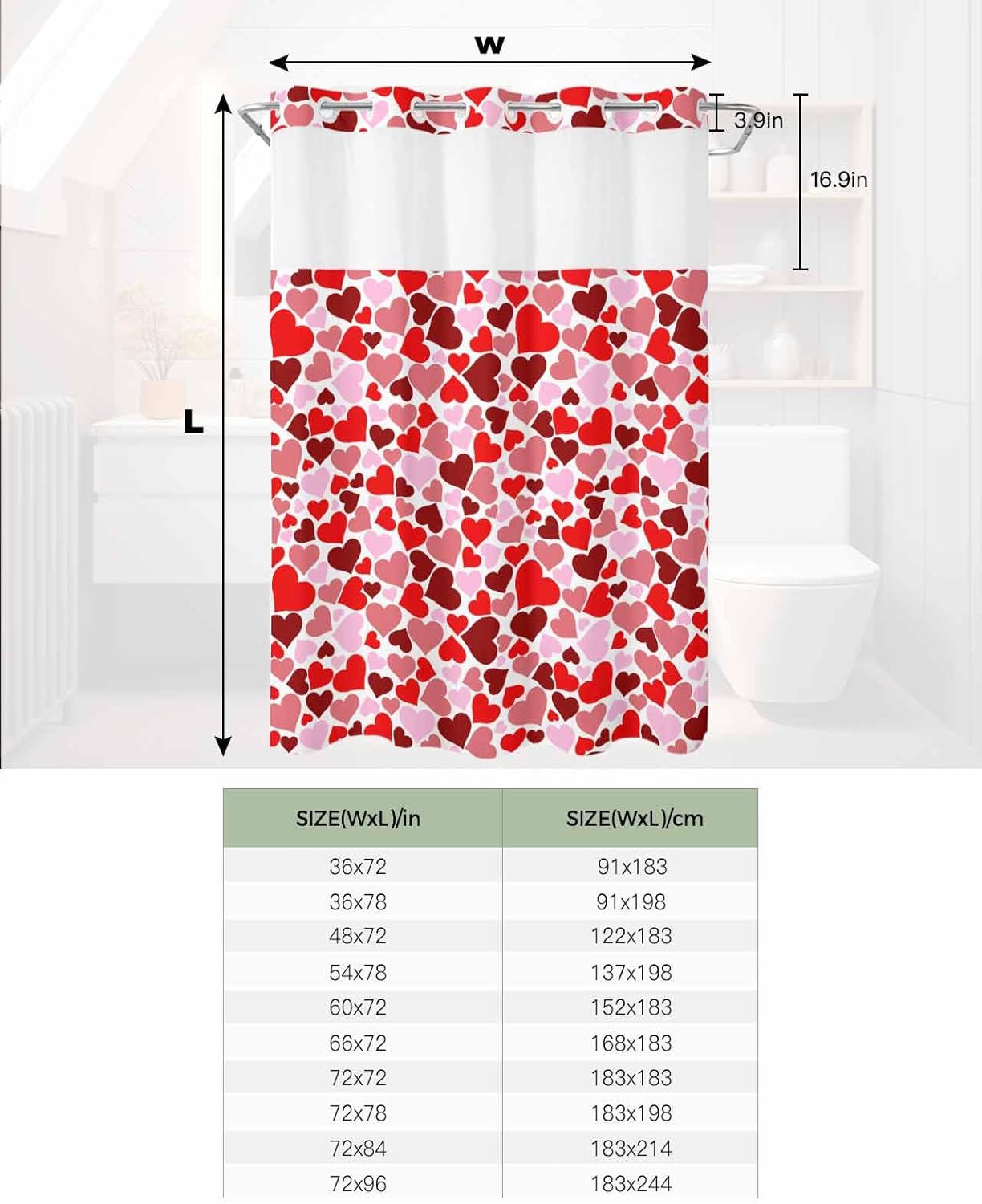 Luxury No-Hook Shower curtains for Valentines Day