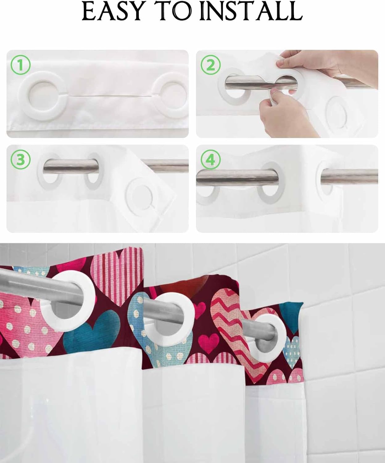 Anzona No Hook Shower Curtains Heart and Love Design