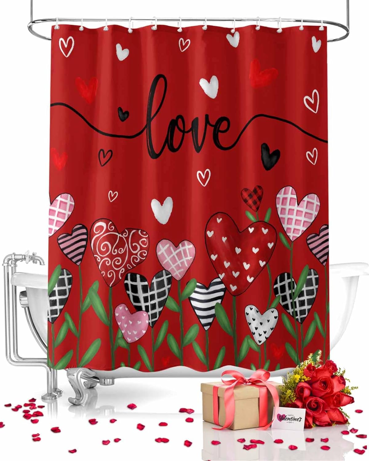 72x72 Red Flower Shower Curtain Set with 12 Hooks