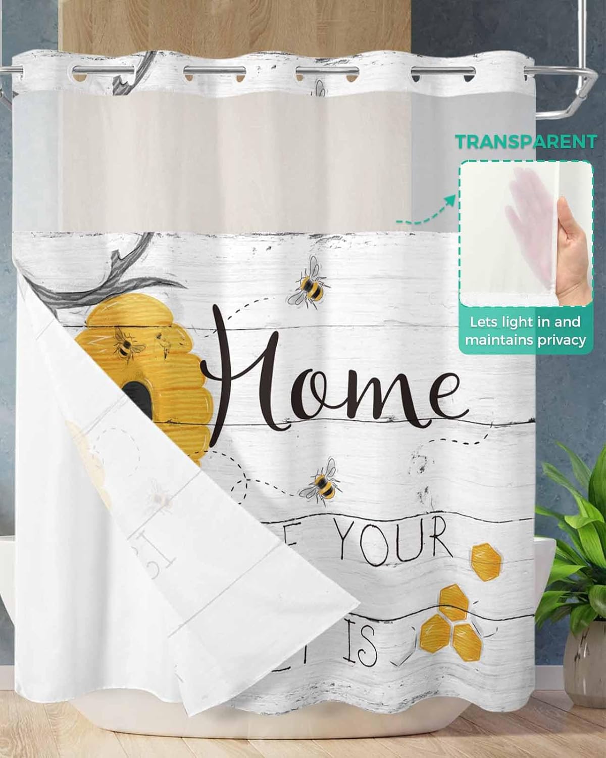 Prime Leader Rustic Bee Bath Shower Curtain with Snap-in Liner