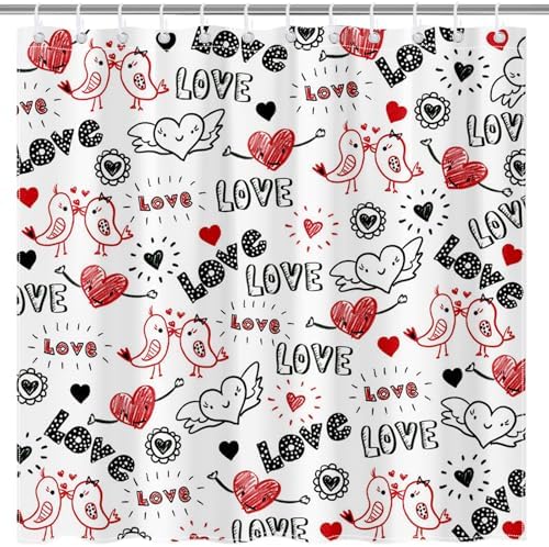 Mocsicka Valentines Shower Curtain Doodle Style Heart and Kiss Birds