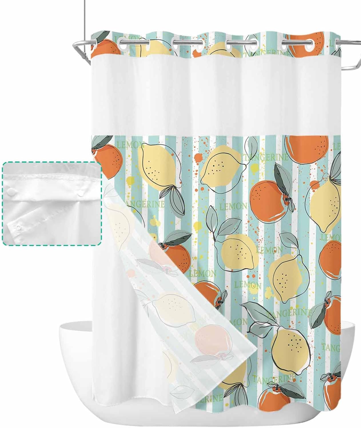 No Hook Summer Lemon Teal Orange Shower Curtain Set Waterproof Swap-in Design