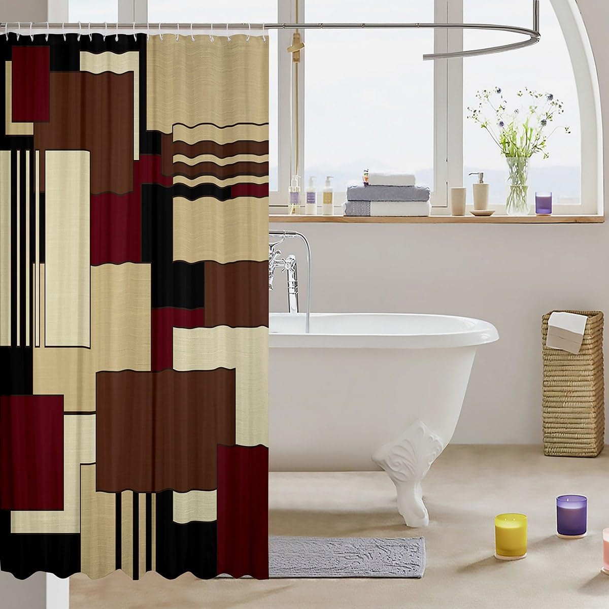 Stylish Geometric Brown Red Black Shower Curtain Set