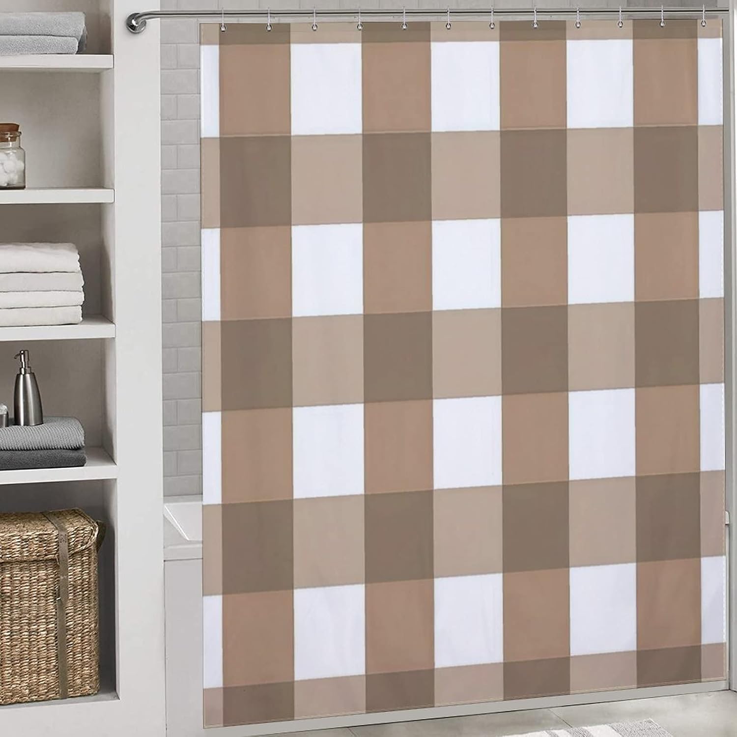 Buffalo Plaid Print Shower Curtain with 12 Hooks