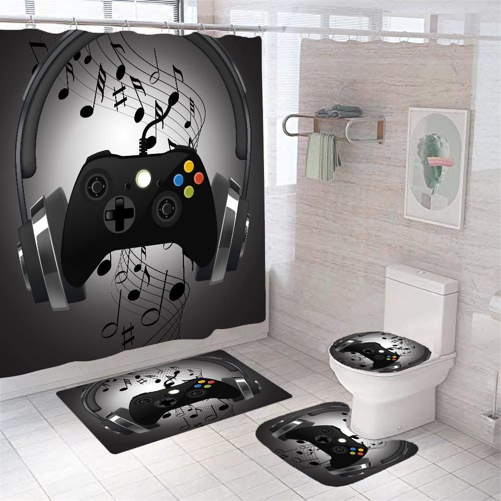 Gaming Shower Curtain Set for Boys 72x72 Black Waterproof