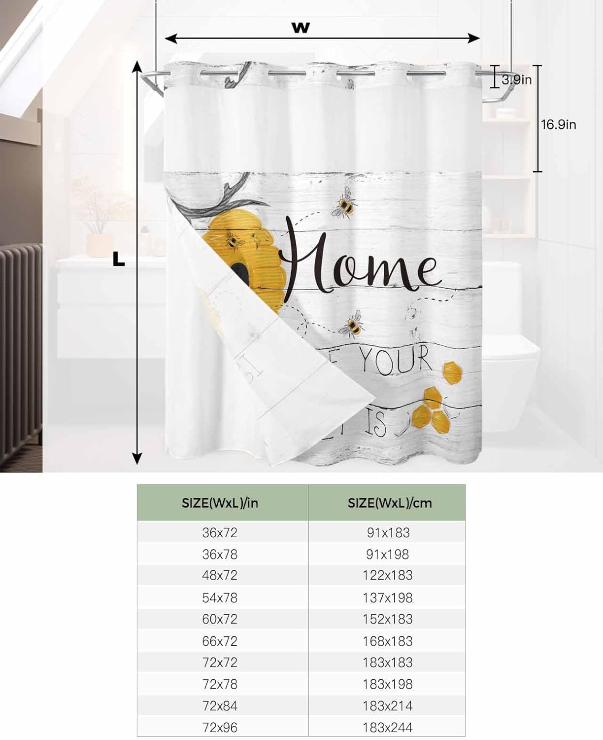 Prime Leader Rustic Bee Bath Shower Curtain with Snap-in Liner