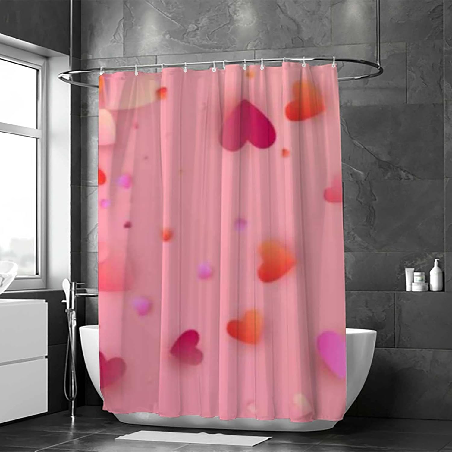 Rashu Red and Pink Hearts Washable Bath Curtain Set - Waterproof