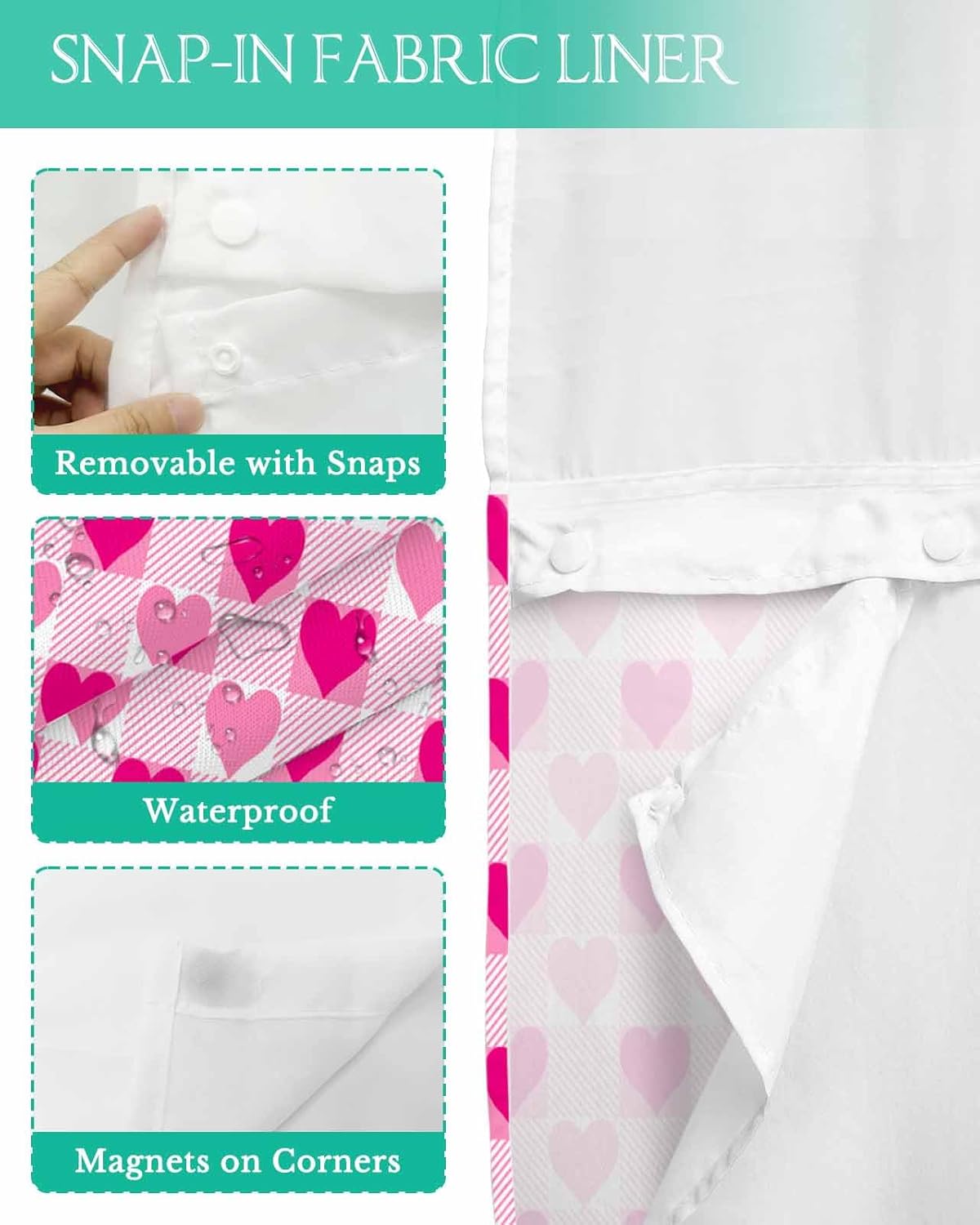 Instant no hook shower curtain set quick dry waterproof with heart design