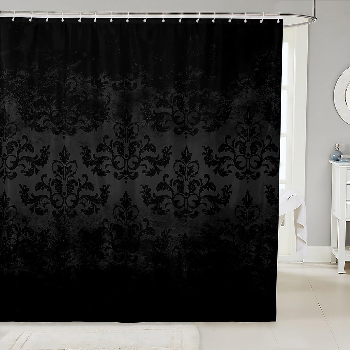 Feelyou Jacquard Bath Curtain Black Damask for Kids Boys Girls Teens Set