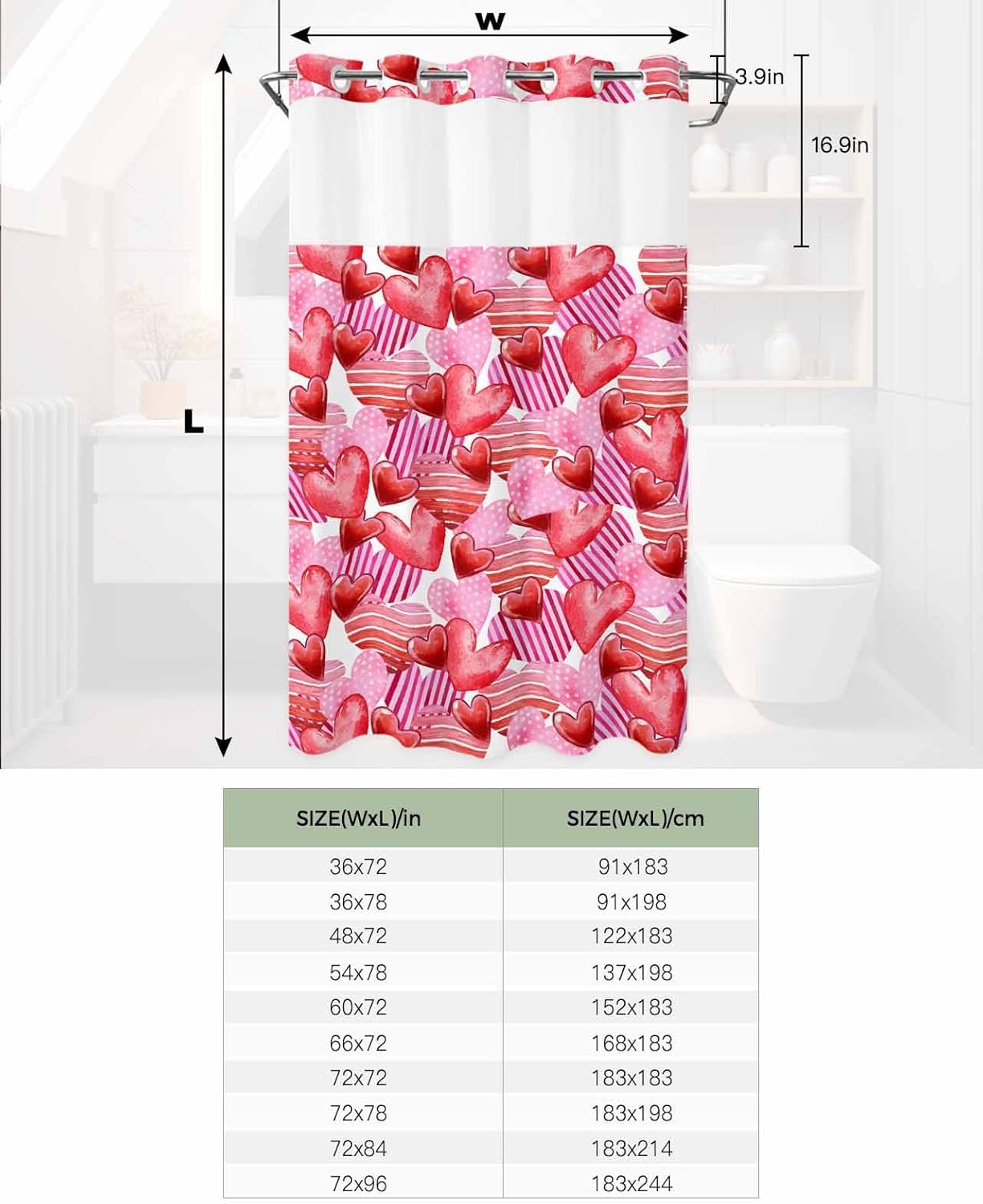 No-Hook Pink Red Valentines Shower Curtain Set