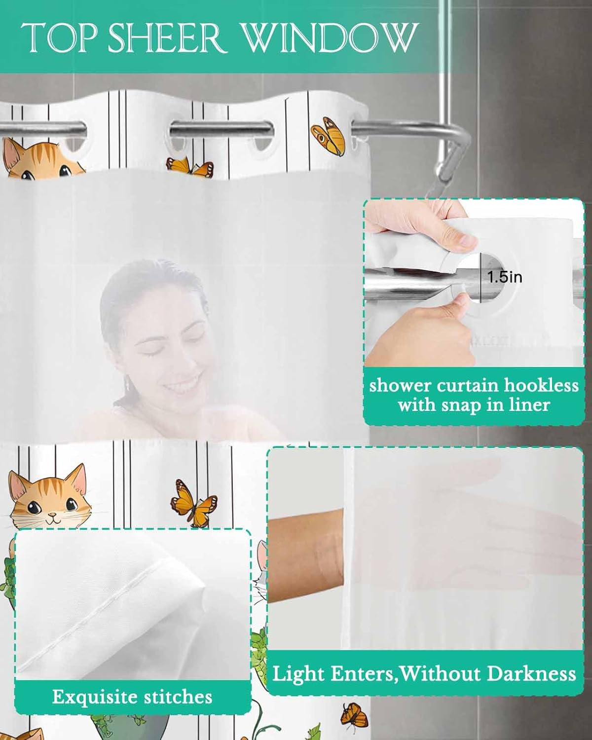 Premium No Hooks Shower Curtain Set with Liner