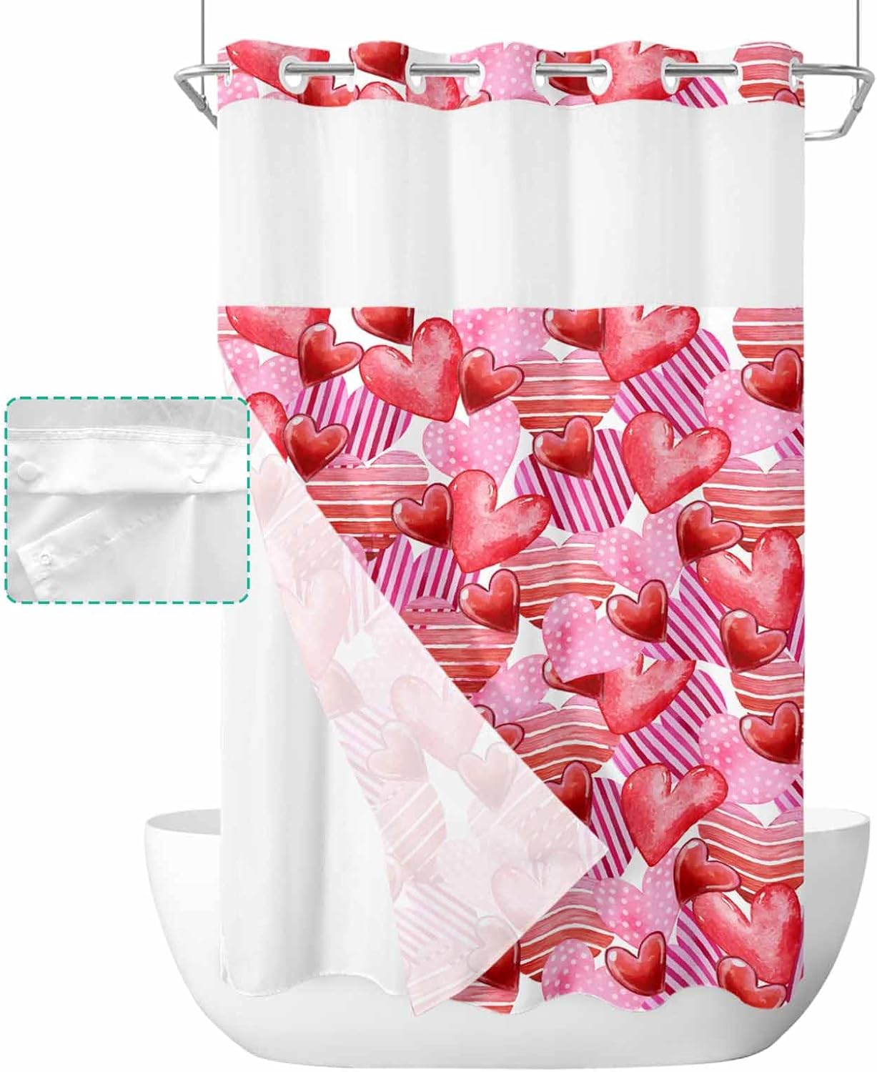 No-Hook Pink Red Valentines Shower Curtain Set