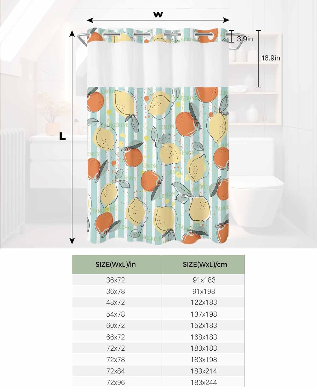 No Hook Summer Lemon Teal Orange Shower Curtain Set Waterproof Swap-in Design