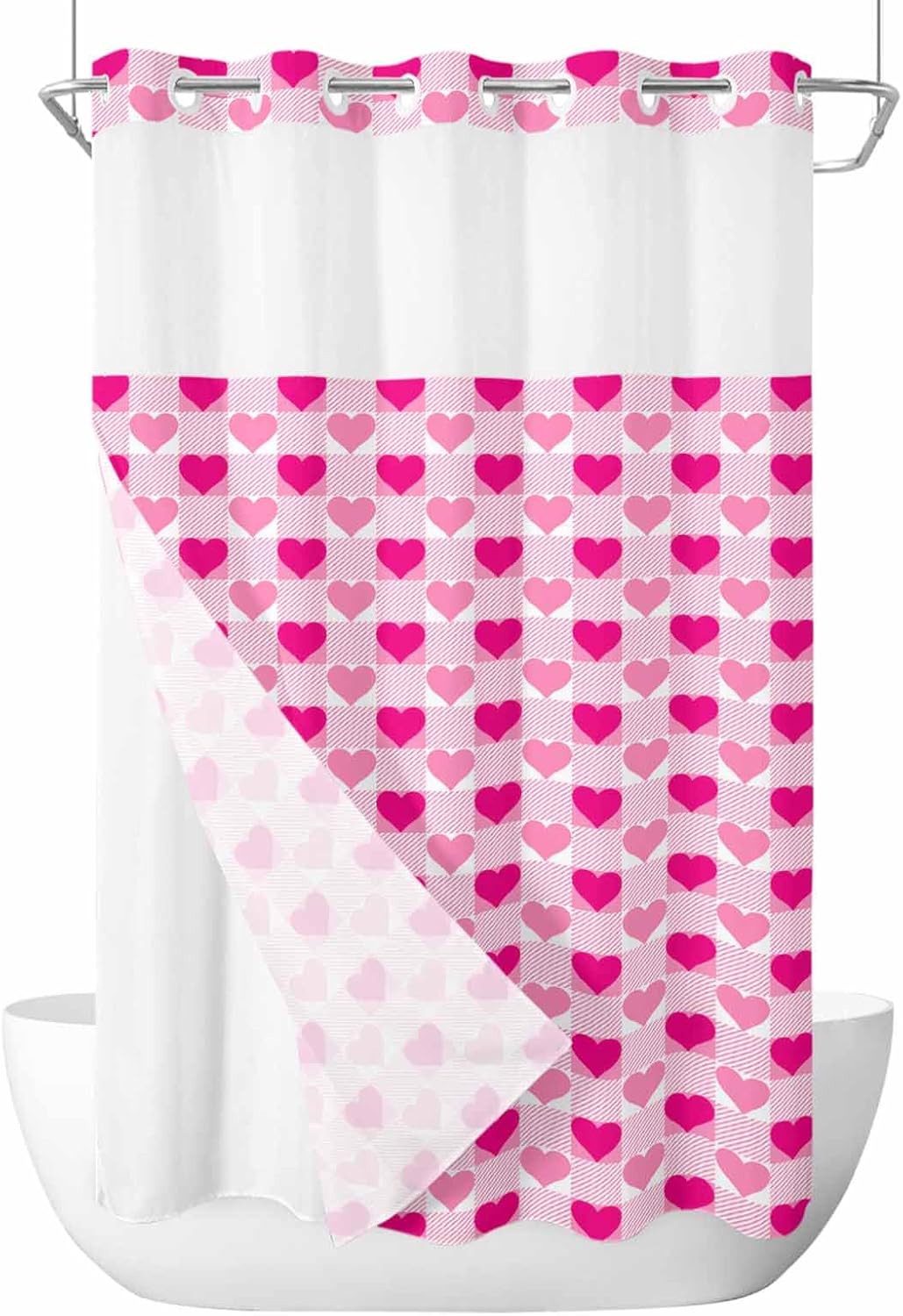 No-Hook Shower Curtain Set with Liner Valentine Pink Heart Design waterproof elegant