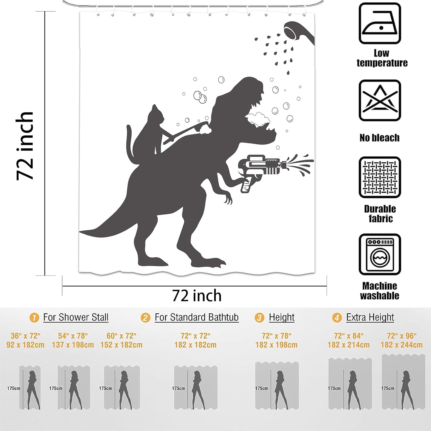 Funny Cat Dinosaur Shower curtain waterproof kids entertainment machine washable