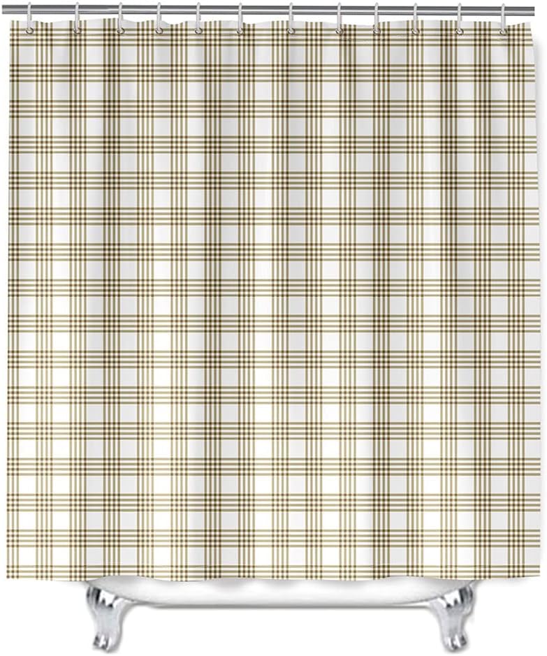 Square Shower Curtain with 12 Hooks Green Brown Plaid