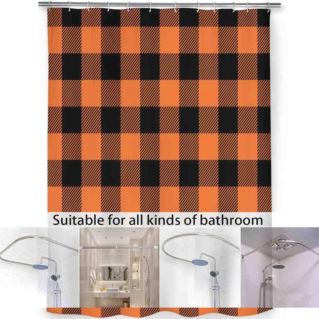 VISALUNA Shower Curtain Set 72x72in Orange Black Buffalo Plaid