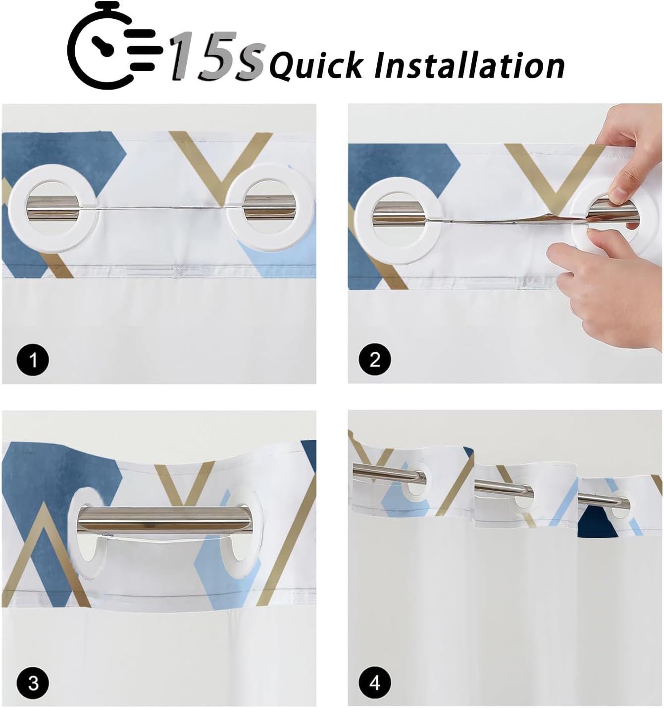TWLSNCD No Hook Geometric Shower Curtain Set Navy Blue