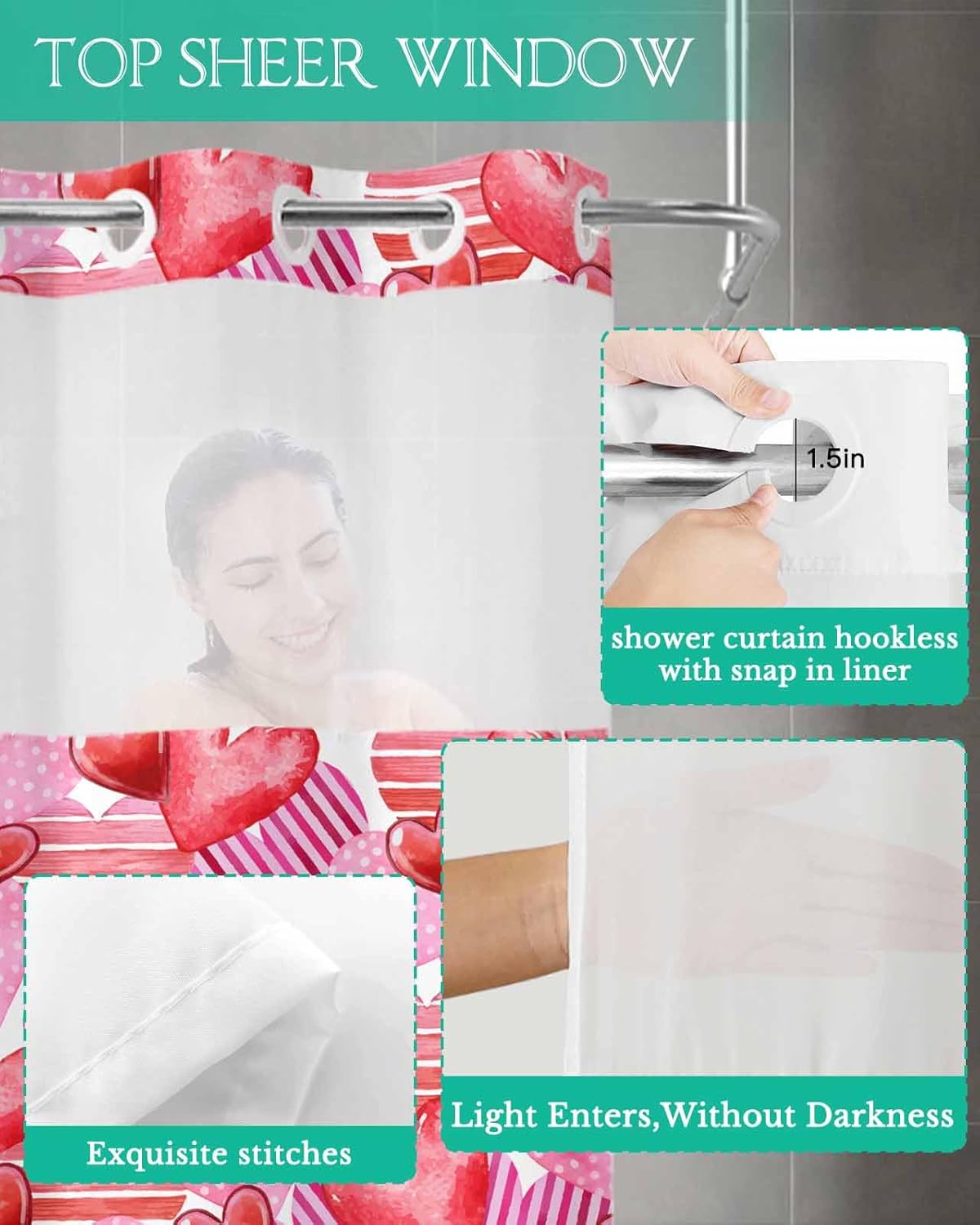 No-Hook Pink Red Valentines Shower Curtain Set