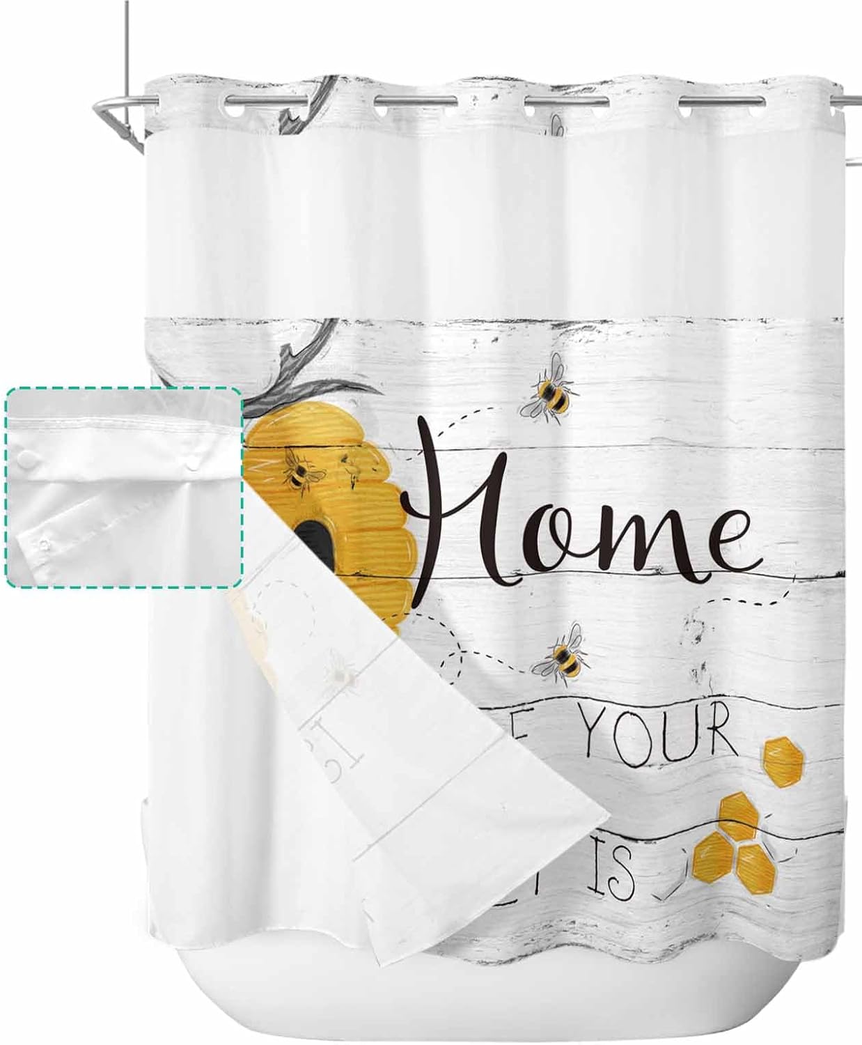 Prime Leader Rustic Bee Bath Shower Curtain with Snap-in Liner