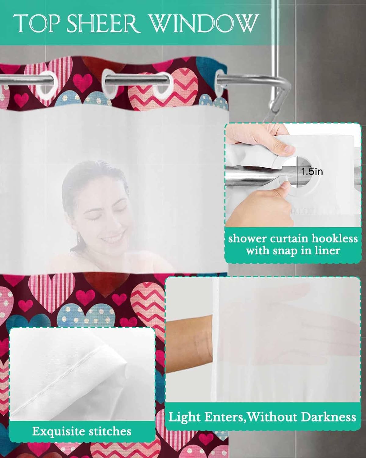 Anzona No Hook Shower Curtains Heart and Love Design