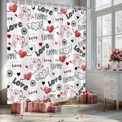 Mocsicka Valentines Shower Curtain Doodle Style Heart and Kiss Birds