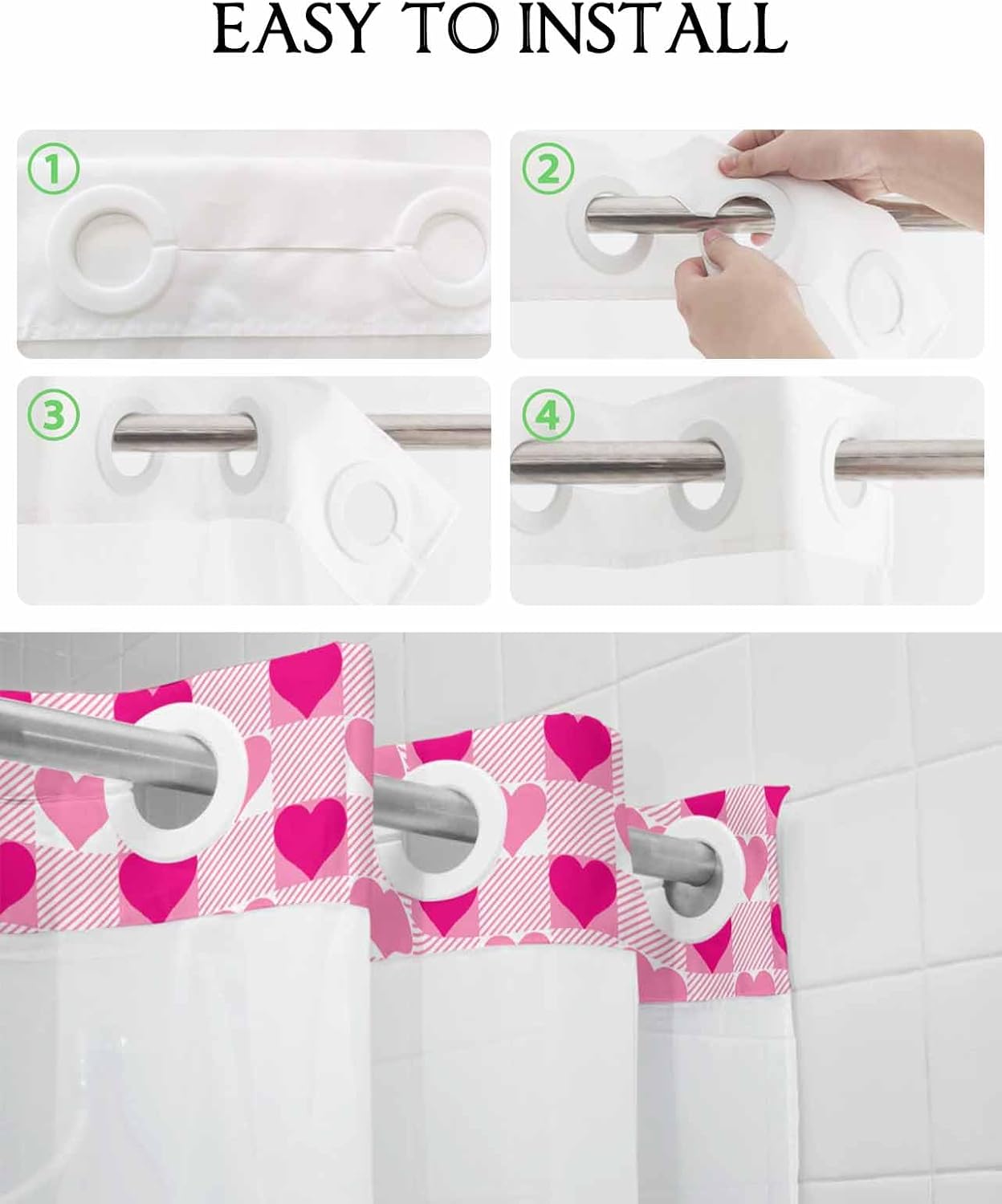 Instant no hook shower curtain set quick dry waterproof with heart design