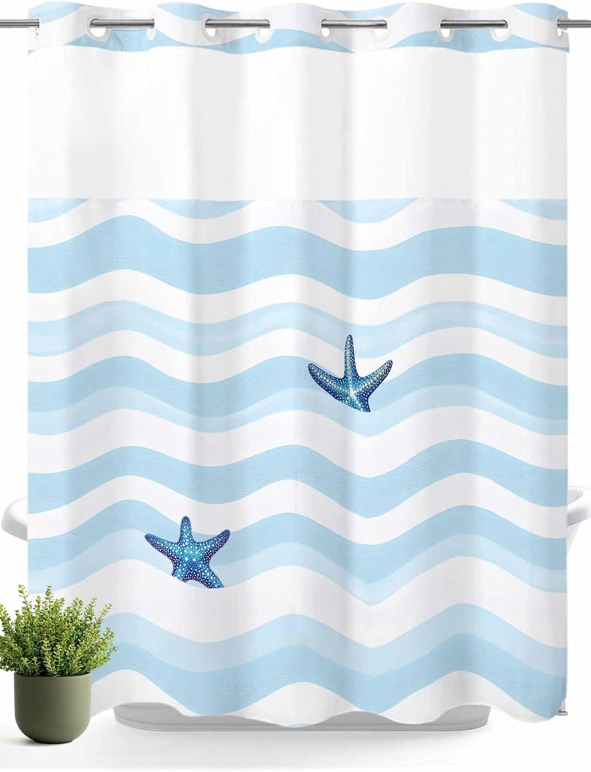 No Hooks Nautical Blue Shower Curtain Set