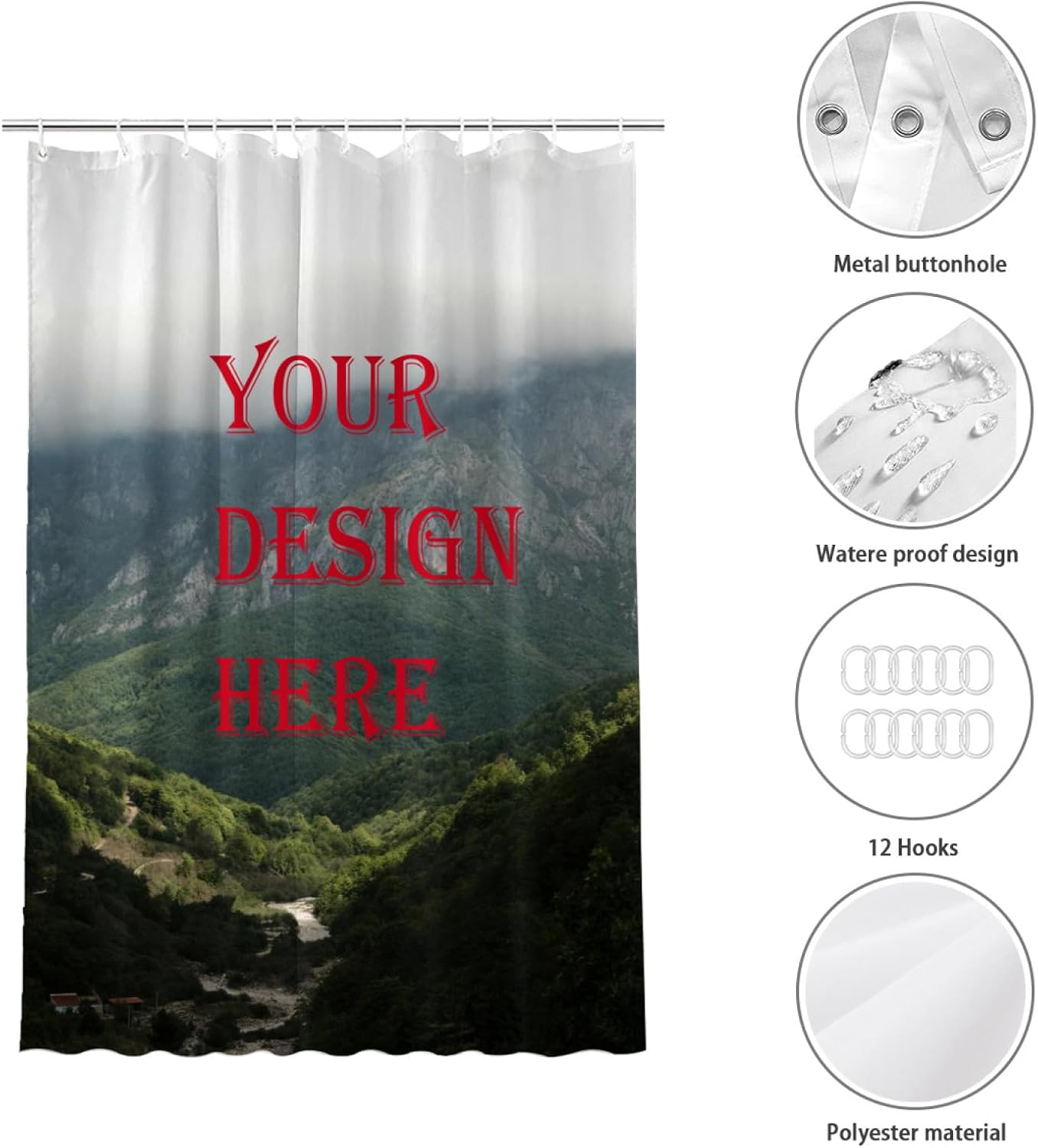 Personalized Shower Curtain with 12 Hooks - 55x72 Inch