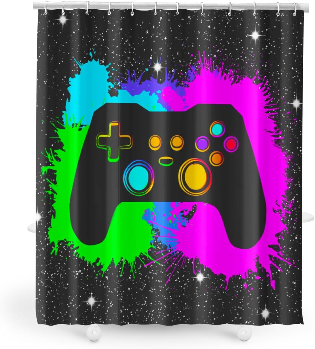 Boys Gaming Shower Curtain Set Graffiti Gamepad Themed - 12 HooksEasy Install