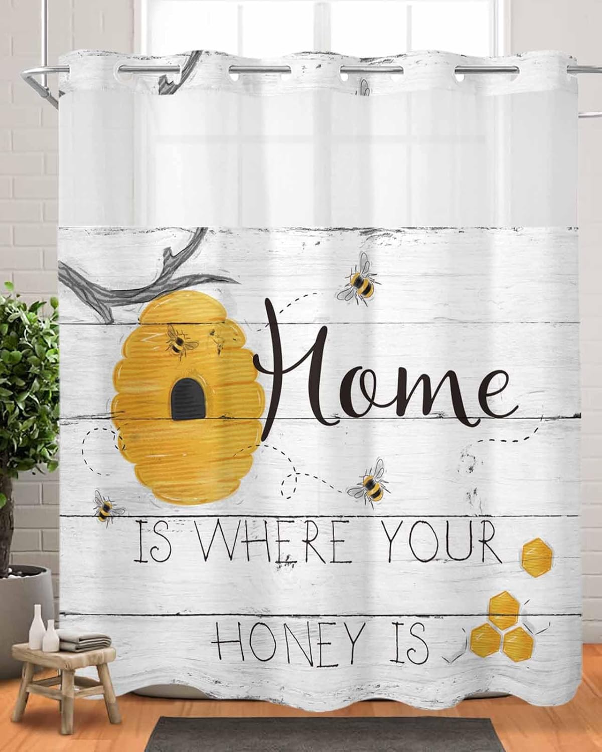 Prime Leader Rustic Bee Bath Shower Curtain with Snap-in Liner