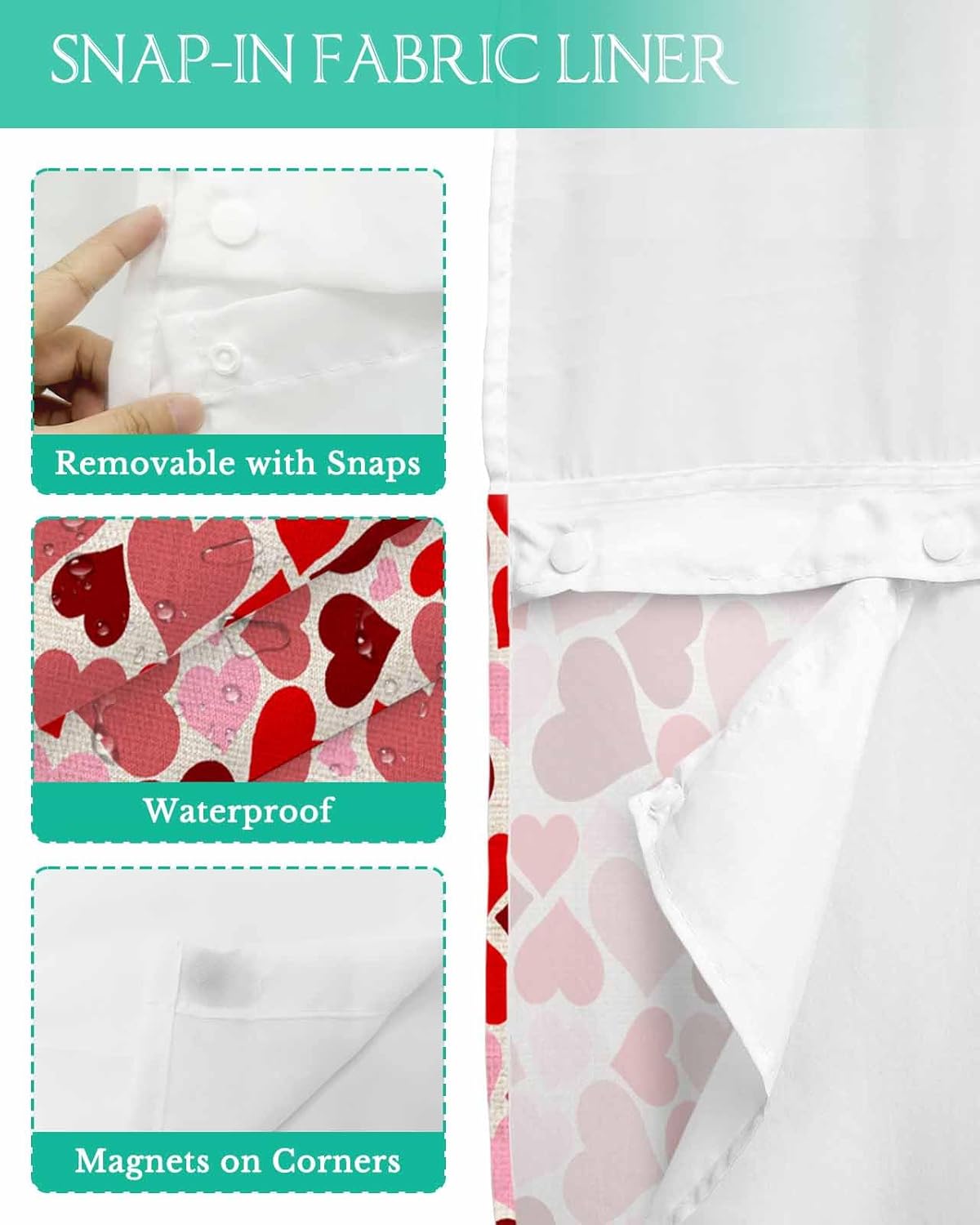 Luxury No Hook Shower Curtains - Red Pink Love Heart
