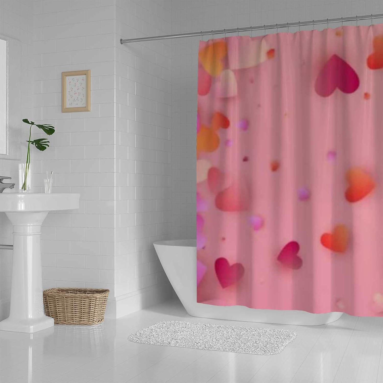 Rashu Red and Pink Hearts Washable Bath Curtain Set - Waterproof