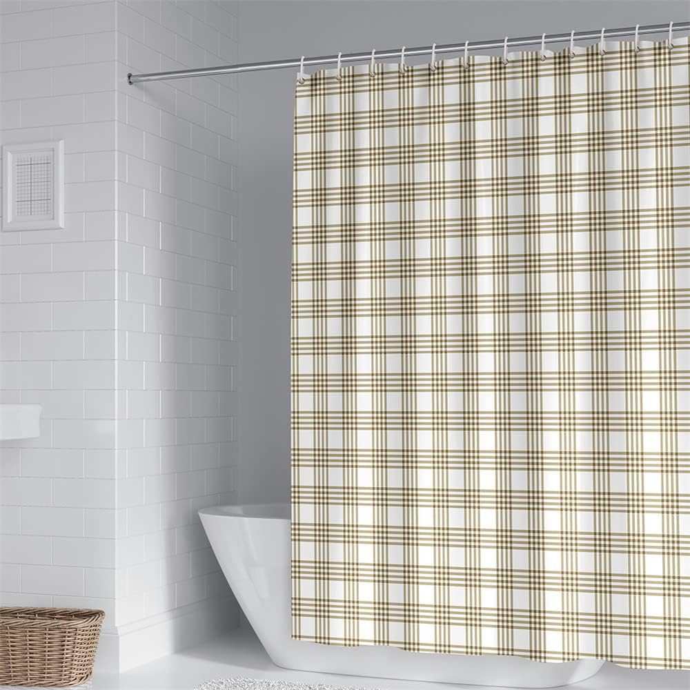 Square Shower Curtain with 12 Hooks Green Brown Plaid
