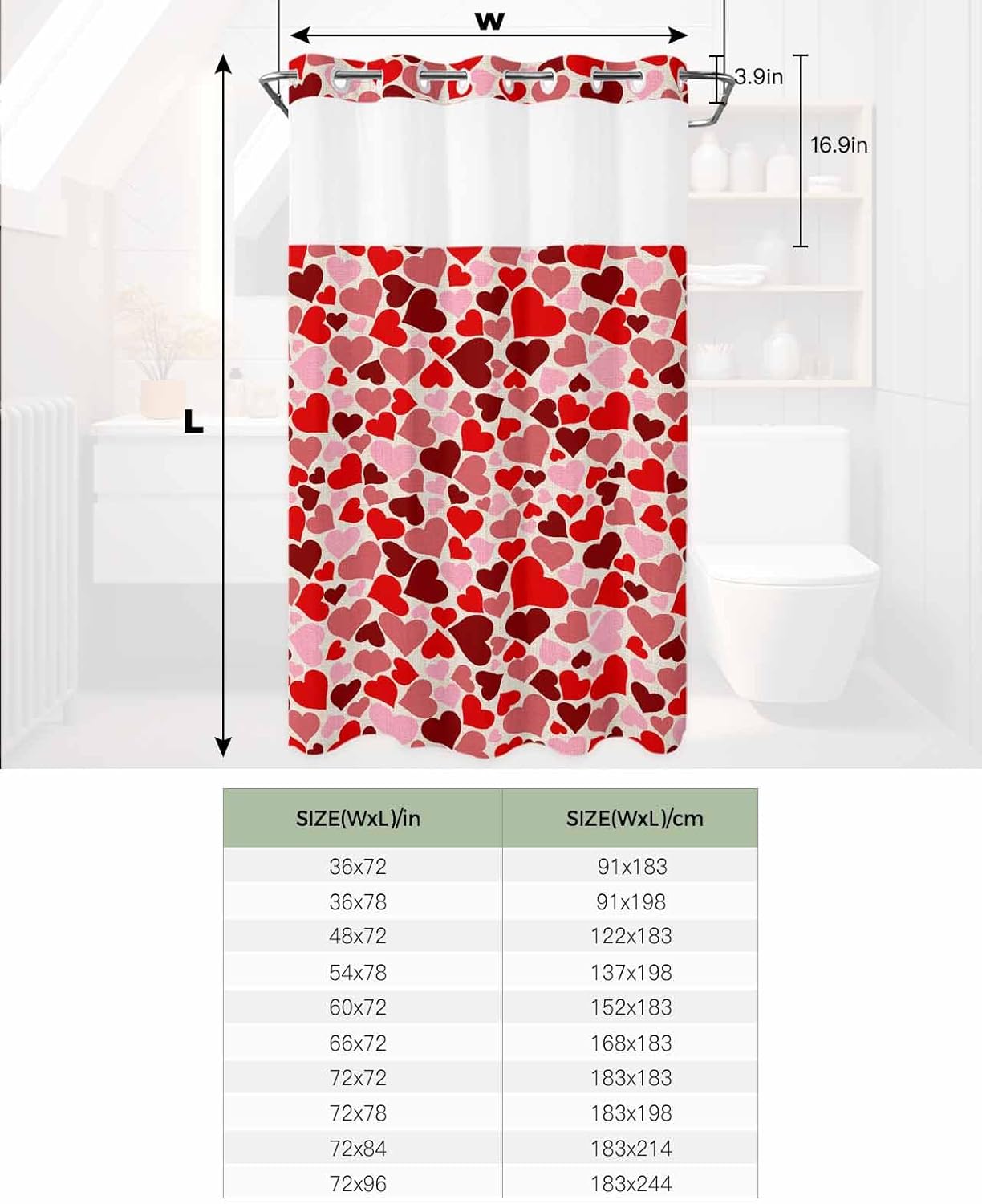 Luxury No Hook Shower Curtains - Red Pink Love Heart