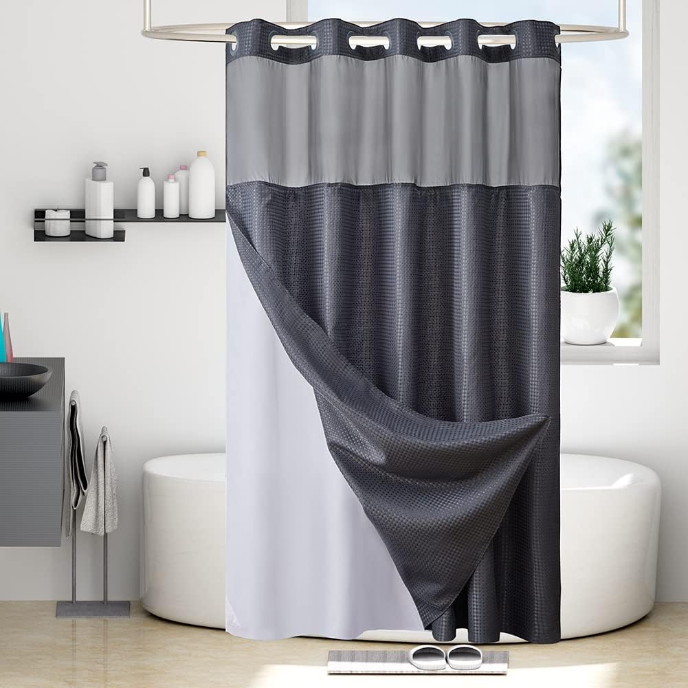 Furlinic No-Hook Waffle Weave Carpeted Shower Curtain Set