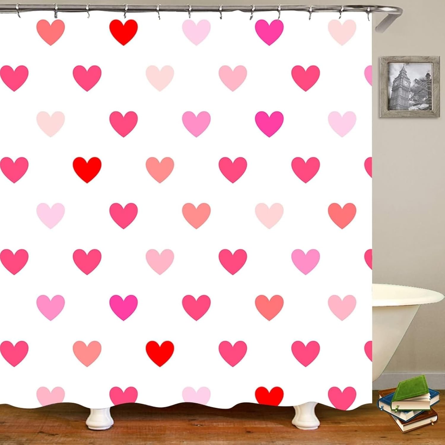 Grommet Shower Curtain Set 70 x 78 White Red Heart Pattern