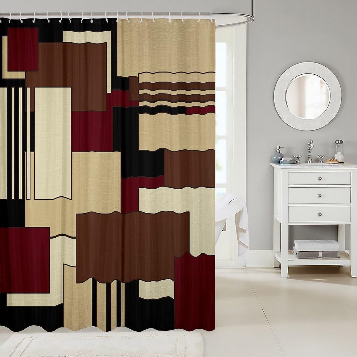 Stylish Geometric Brown Red Black Shower Curtain Set